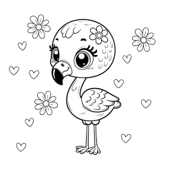 Pobarvanka mladička flaminga z rožicami in srčki