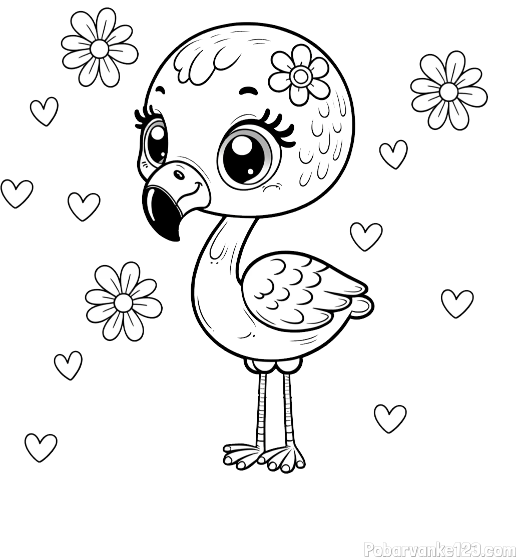 Pobarvanka mladička flaminga z rožicami in srčki