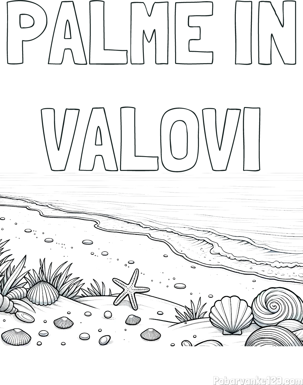 Pobarvanka morja ter zapisa PALME IN VALOVI