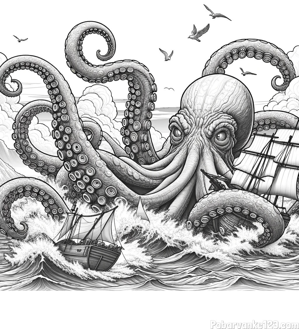 Pobarvanka orjaške hobotnice, ki je napadla veliko gusarsko ladjo