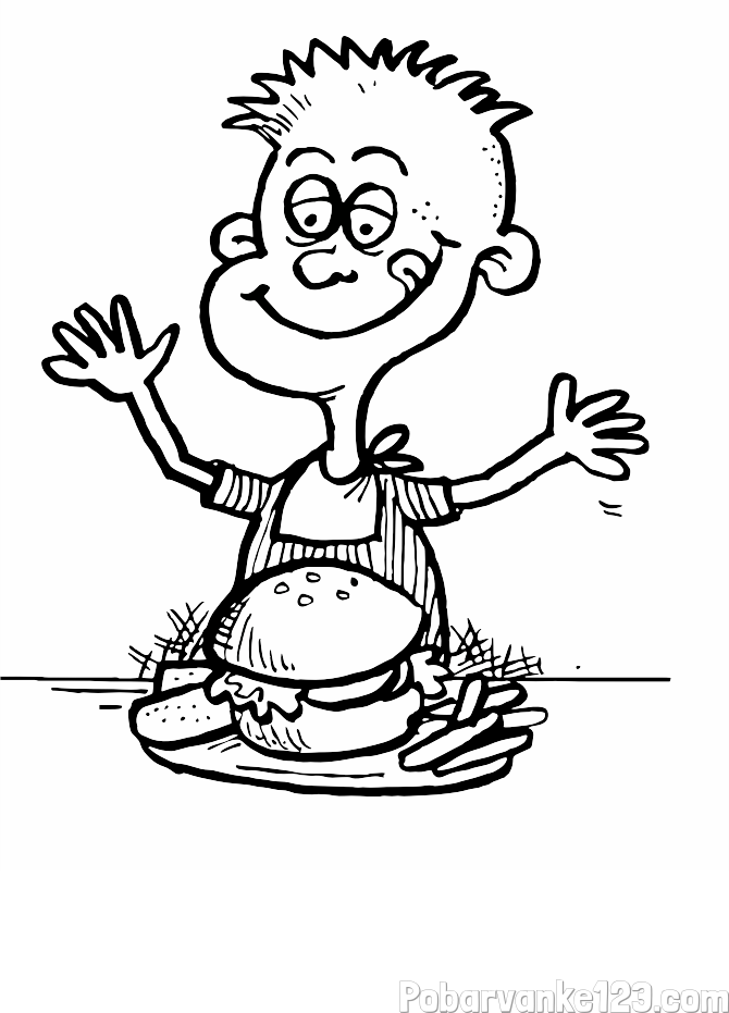 Pobarvanka otroka, ki je slastni hamburger z ocvrtim krompirčkom