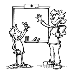 Pobarvanka učiteljice in učenca pred tablo