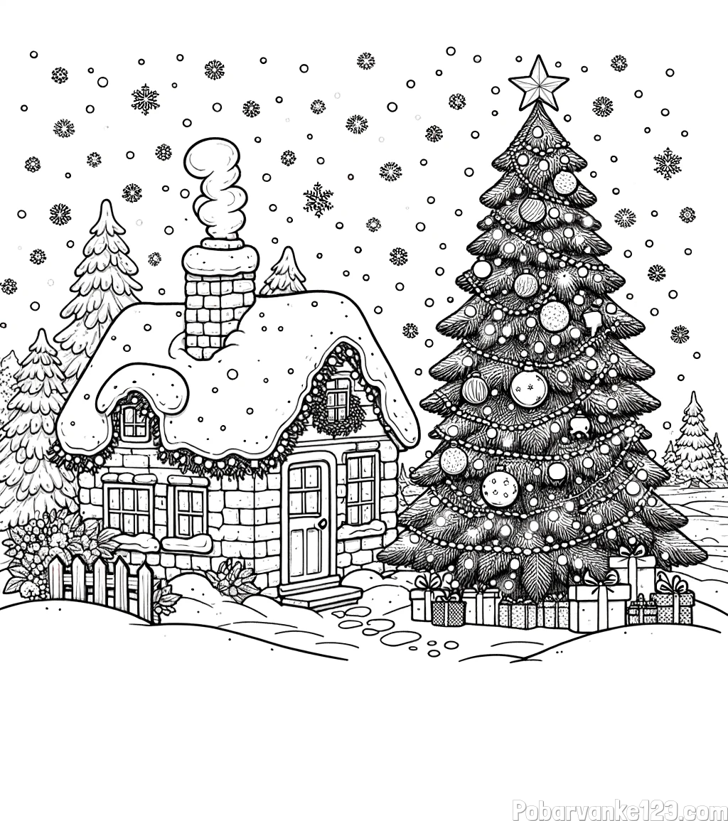 Pobarvanka zasnežene hiške na božično noč