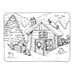 Pobarvanka zasnežene pokrajine s hiško