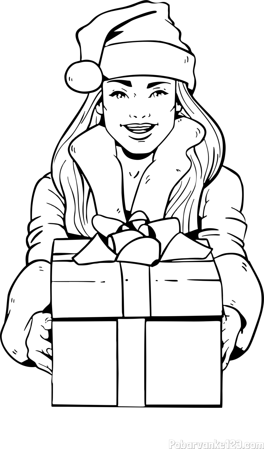 Pobarvanka ženske oblečene v Božička z darilom