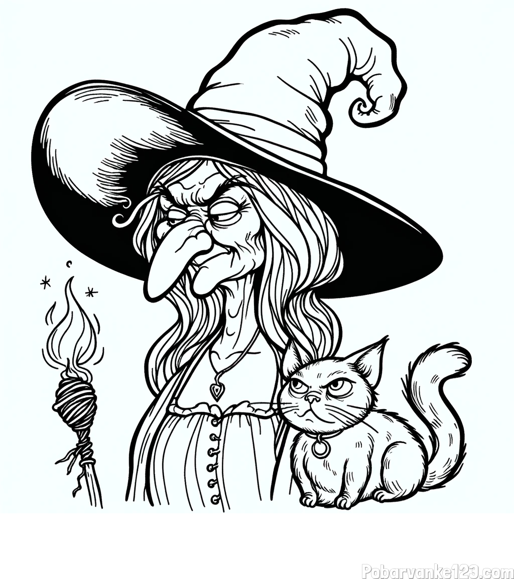 Pobarvanka zlobne stare čarovnice in mačke