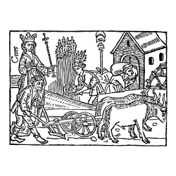 Stara pobarvanka kmečkih opravil (oranje, žetev pšenice...)